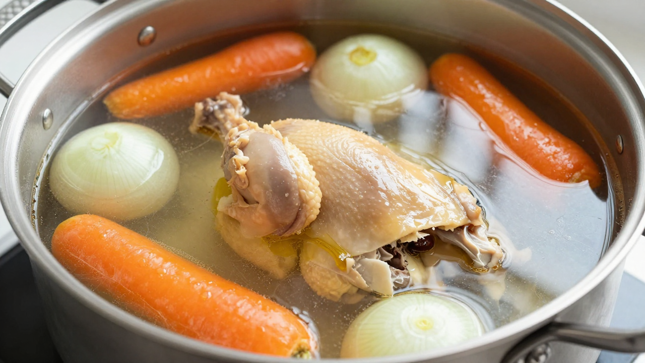 Прозрачный куриный бульон в кастрюле с овощами