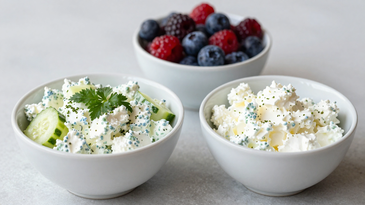 Сытный творожный bowl с зеленью и огурцом рядом со сладким