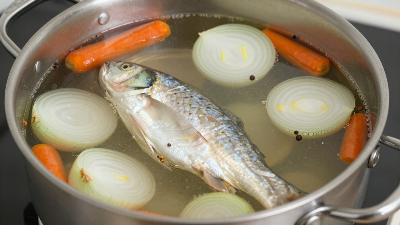 Прозрачный рыбный бульон в кастрюле с овощами
