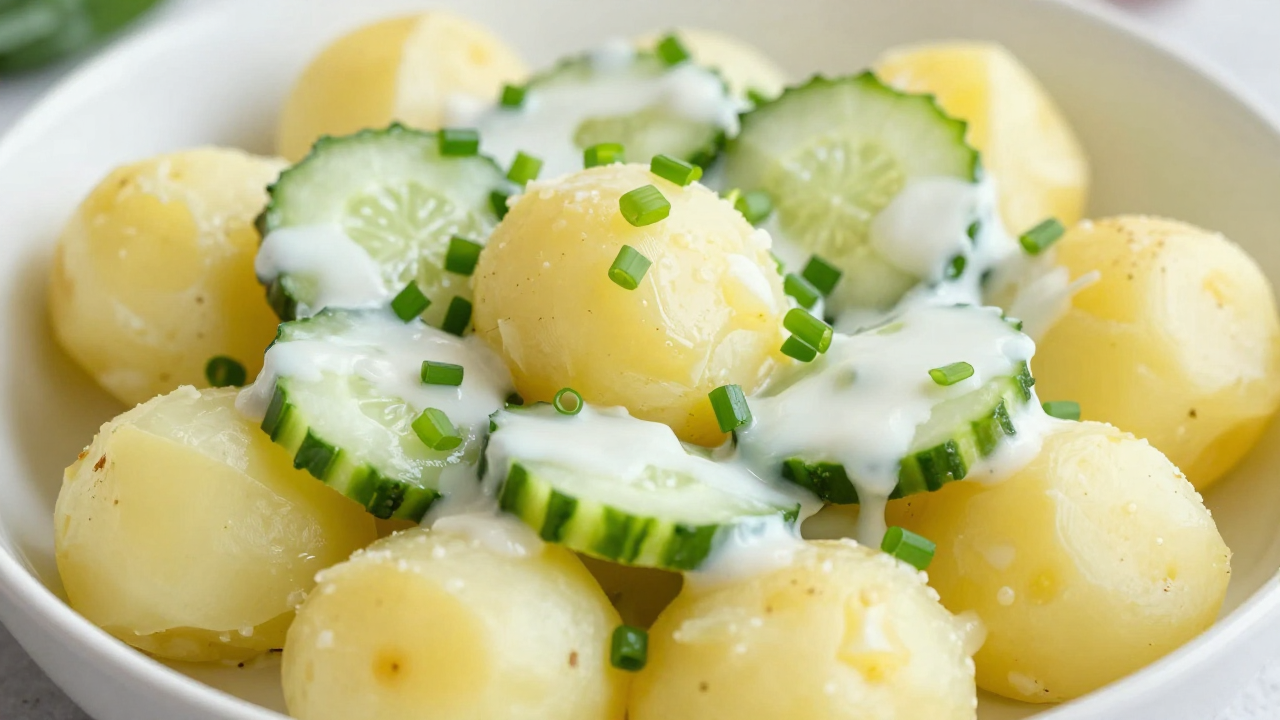 Простой салат с варёным картофелем, огурцом и зелёным луком