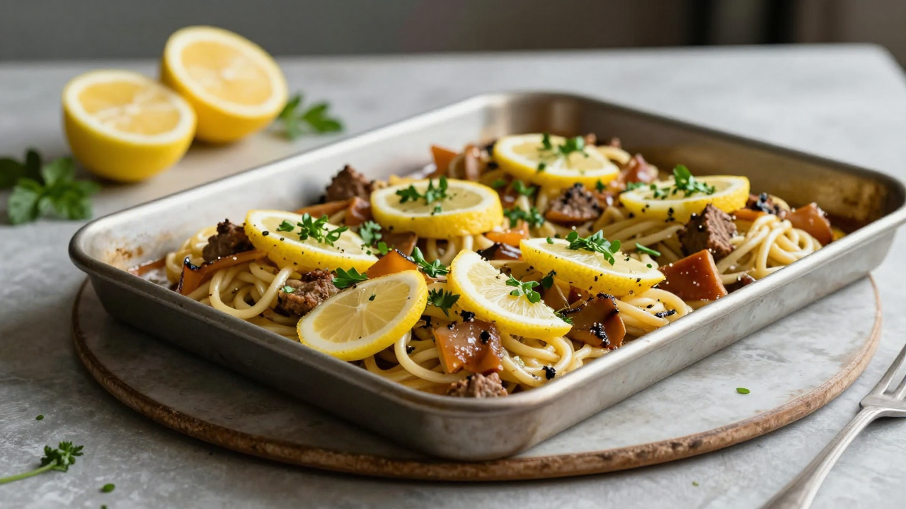 Готовый sheet-pan ужин на столе с лимоном и зеленью