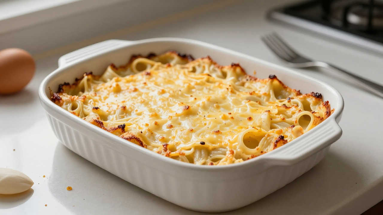 Форма запеканки из макарон и остатков курицы перед духовкой